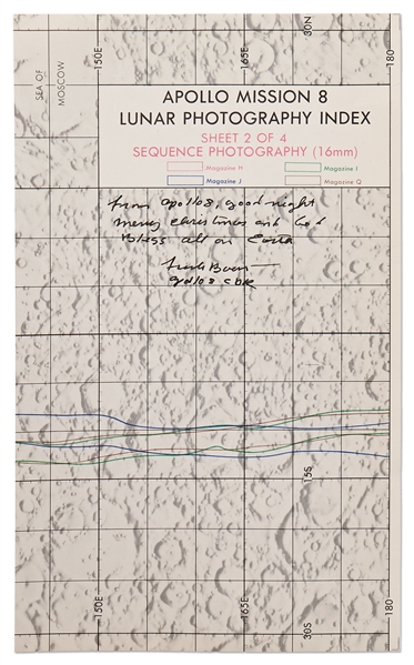 Frank Borman Signed Apollo 8 Map -- Borman Also Writes His Historic Words From the 1968 Christmas Eve Broadcast