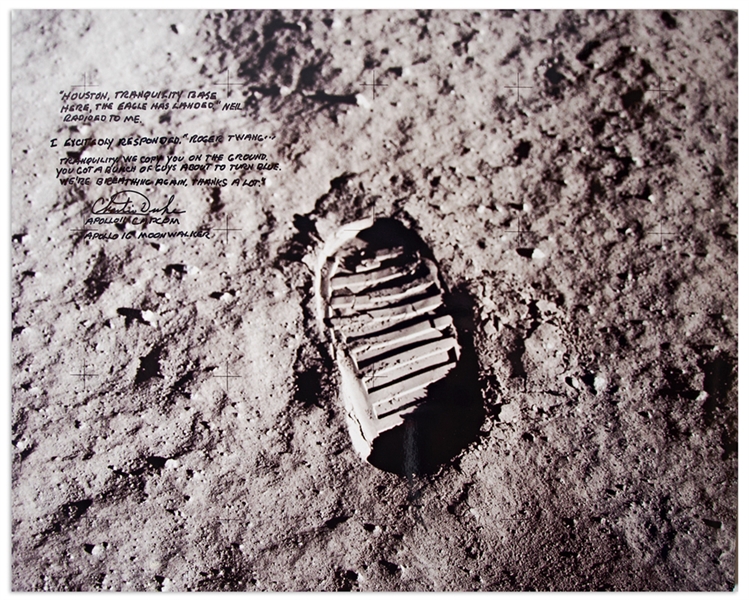 Charlie Duke Signed 20'' x 16'' Photo of the Famous Apollo 11 ''Footprint'' -- Duke Served as Apollo 11 CAPCOM and Describes the Moment When the Eagle Touched Down on the Moon