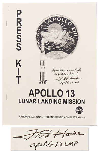 Fred Haise Signed Apollo 13 Press Kit, Adding the Famous Quote from the Mission: ''Houston, we've had a problem here!''