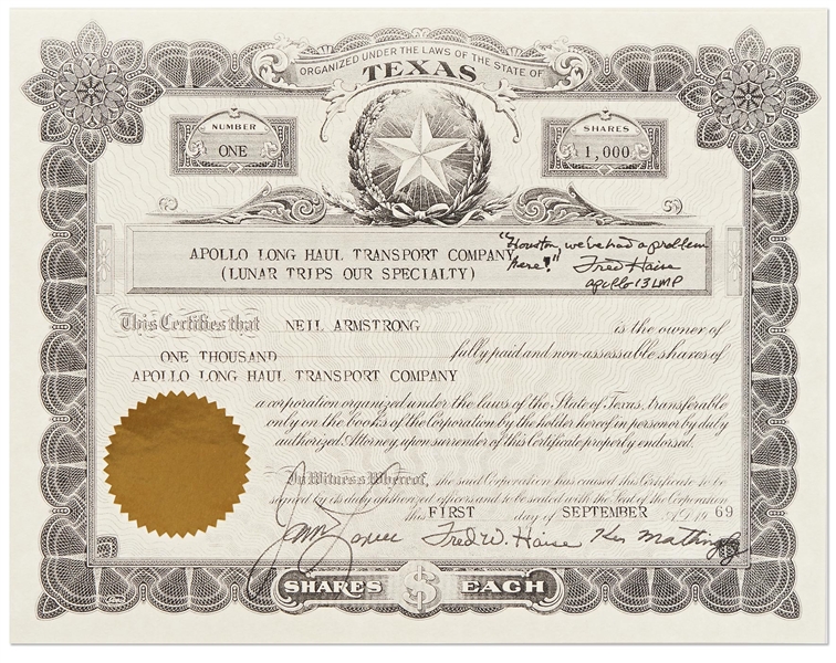 Fred Haise Signed Souvenir Stock Certificate for the Apollo Long Haul Transport Company -- Haise Signs the Gag Certificate, ''Houston we've had a problem here!''