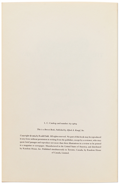 Roald Dahl Signed First Edition of ''Charlie and the Chocolate Factory'' -- Without Inscription