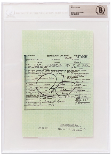 Barack Obama Souvenir Signed Copy of His Birth Certificate -- With Beckett Encapsulation