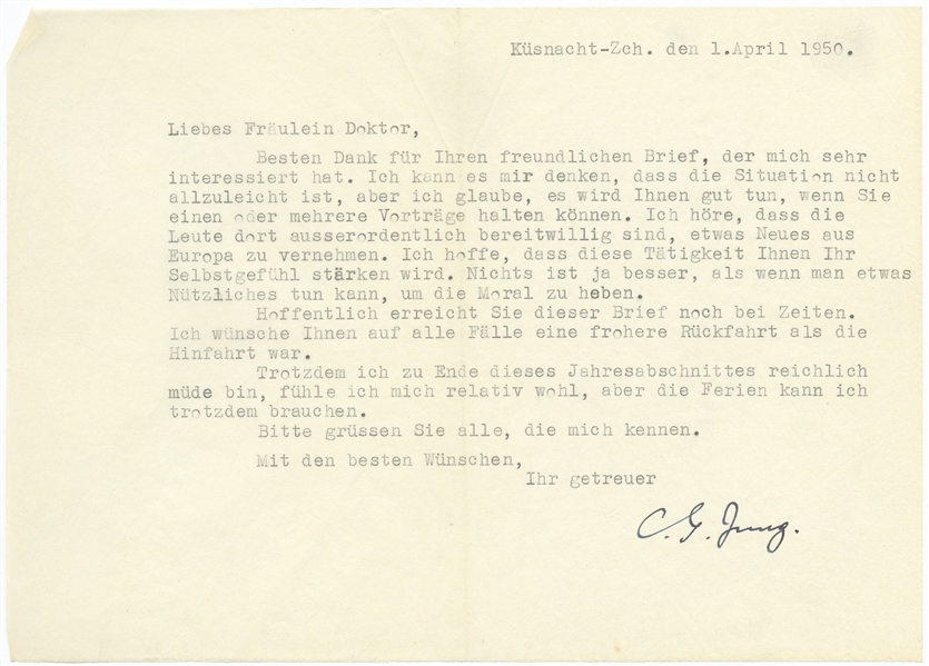 Carl Jung Letter Signed from 1950 -- ''...Nothing is better for boosting morale than being able to do something useful...''