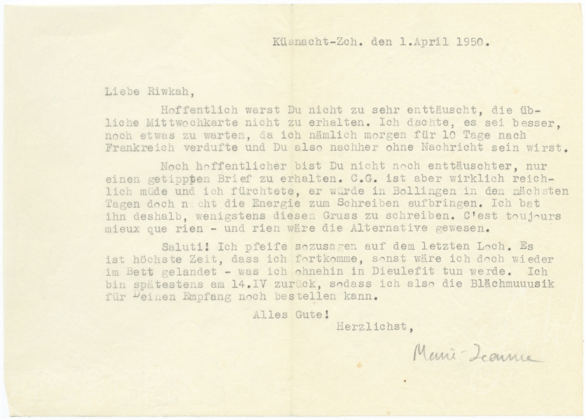 Carl Jung Letter Signed from 1950 -- ''...Nothing is better for boosting morale than being able to do something useful...''