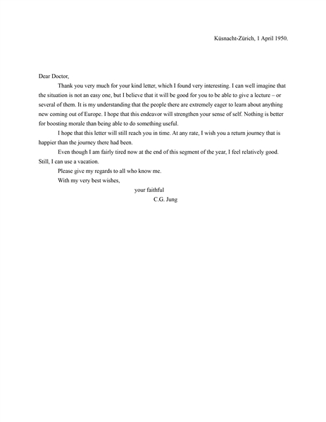 Carl Jung Letter Signed from 1950 -- ''...Nothing is better for boosting morale than being able to do something useful...''