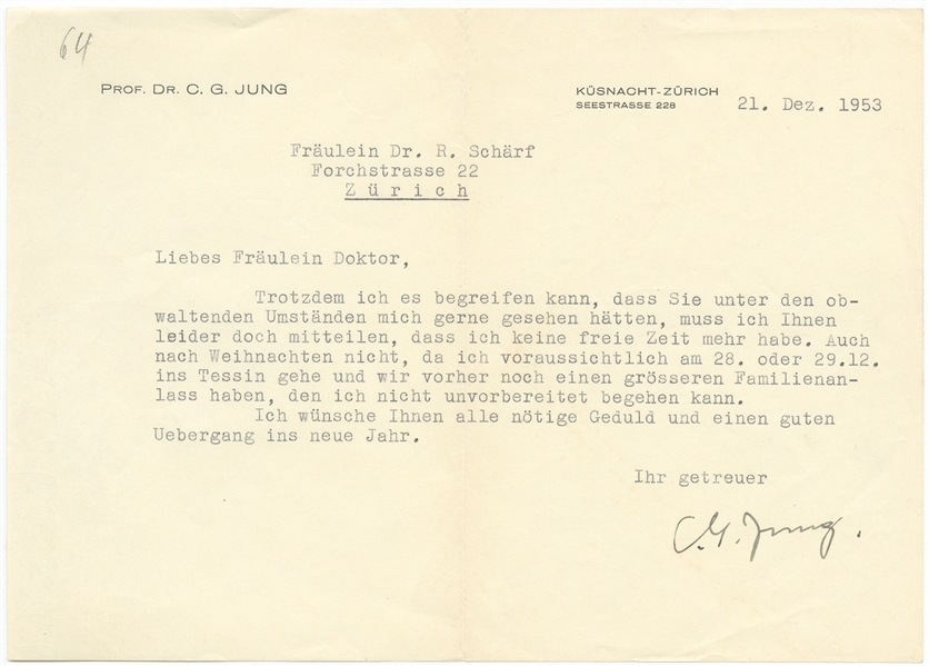 Carl Jung Letter Signed on His Personal Stationery