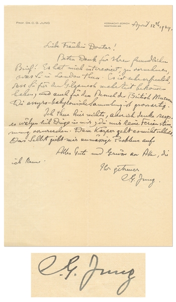 Carl Jung Autograph Letter Signed from 1949 -- ''...The self is confronting me with tremendous problems...''