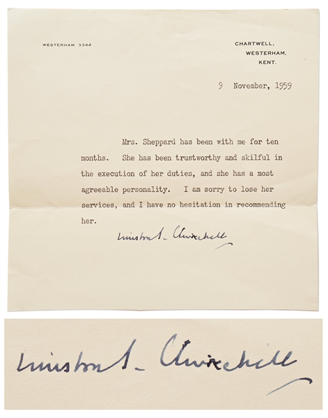 Winston Churchill Signed Letter of Recommendation -- With PSA/DNA COA
