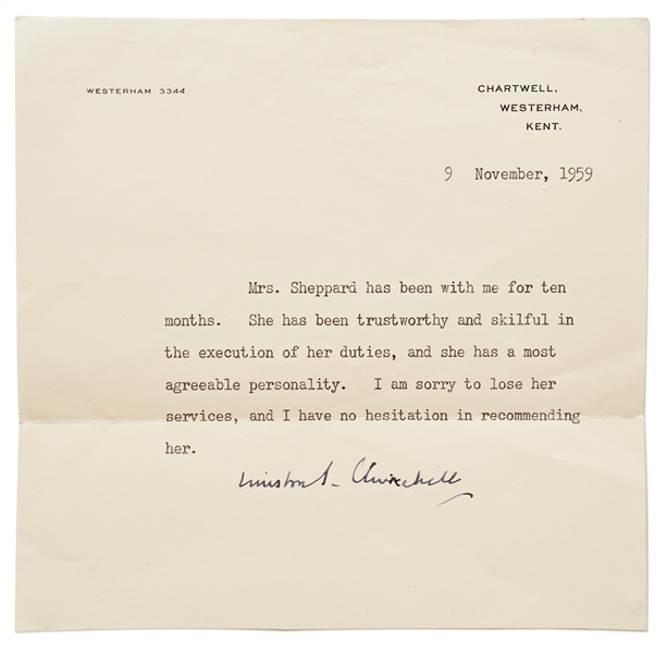 Winston Churchill Signed Letter of Recommendation -- With PSA/DNA COA