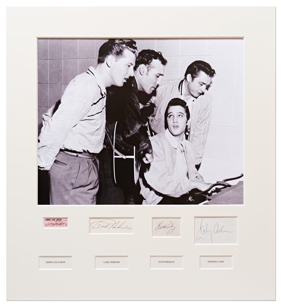 Photo Display of the Million Dollar Quartet Measuring Over 25 x 27, Signed by Elvis Presley, Johnny Cash, Jerry Lee Lewis & Carl Perkins -- With PSA/DNA or Epperson COAs for All