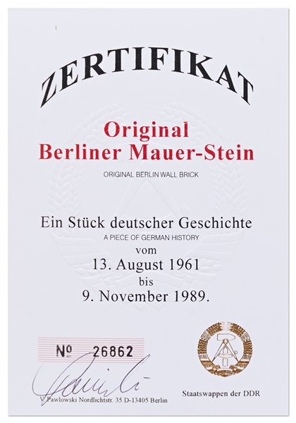 Large Piece of the Berlin Wall Measuring 6.75'' x 5.5'' x 2.5'' -- With COA from Volker Pawlowski