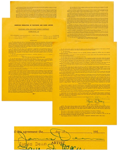 James Dean Signed AFTRA Agency Contract from February 1954 with Jane Deacy