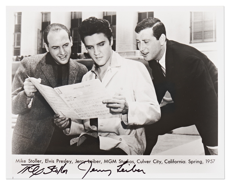 Jerry Leiber and Mike Stoller Signed 8'' x 10'' Photo with Elvis Presley in 1957, as Elvis Looks Over the Music for Their New Song, ''Jailhouse Rock''