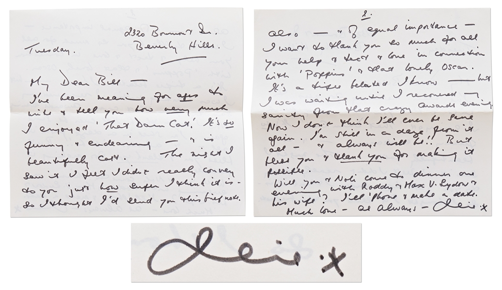 Julie Andrews Autograph Letter Signed to Mary Poppins Producer Bill Walsh -- ...thank you so much for...Poppins & that lovely Oscar...Im still in a daze from it all...