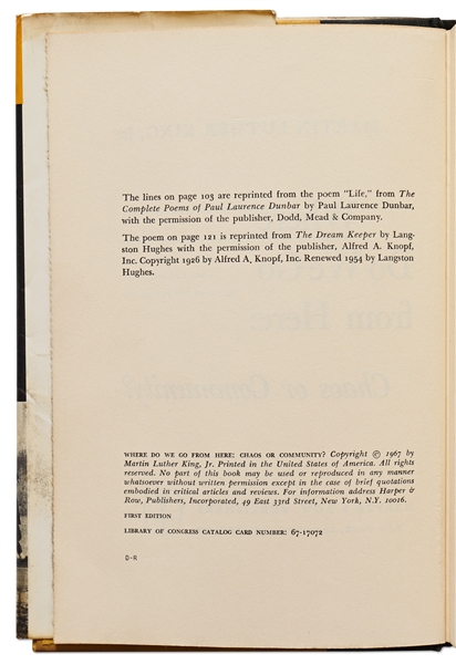 Martin Luther King Signed First Edition, First Printing of ''Where Do We Go From Here: Chaos or Community?'' -- ''...With Best Wishes for Peace and Brotherhood...''