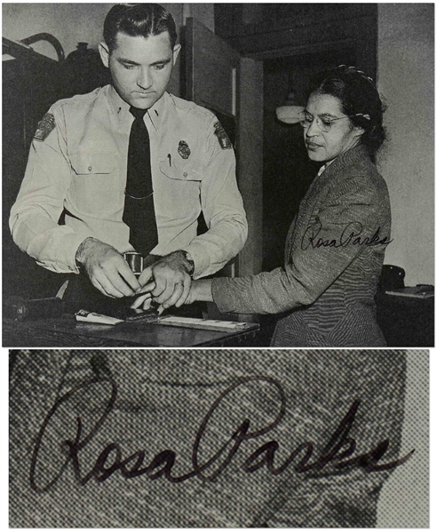 Rosa Parks Signed 10 x 8 Photo of Her Being Booked After Her Arrest -- With JSA COA