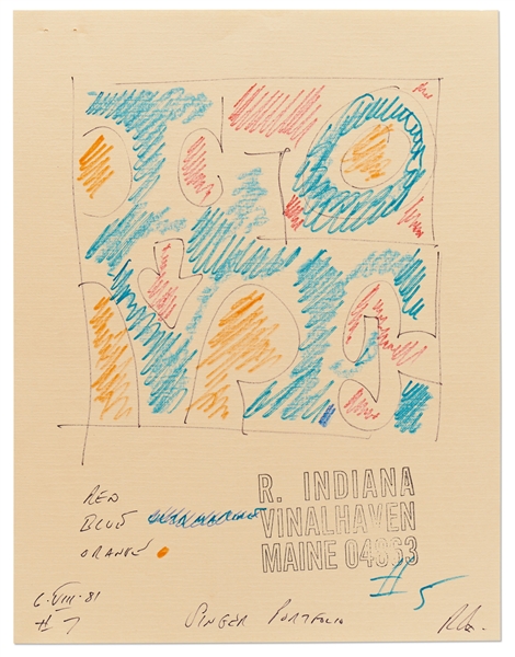 Robert Indiana Signed ''LOVE'' Artwork on 8.5'' x 11'' Sheet -- With His Blue, Red & Orange Color Swatches