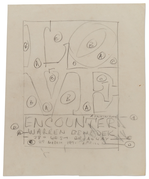 Robert Indiana Signed ''LOVE'' Sketch -- Indiana's Draft for the Artwork Promoting the ''Encounter'' Exhibition at the Warren Benedek Gallery in 1973