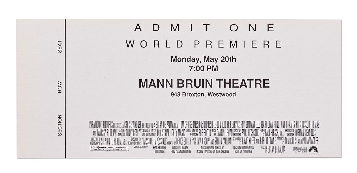 World Premiere Ticket to the First ''Mission: Impossible'' Film in 1996
