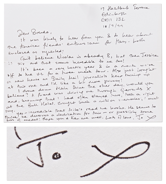 J.K. Rowling Autograph Letter Signed from 1999 on the Crest of Fame from Harry Potter -- ...a very hectic year...Daily Mail journalists keep turning up...and Id like a bit more privacy!...