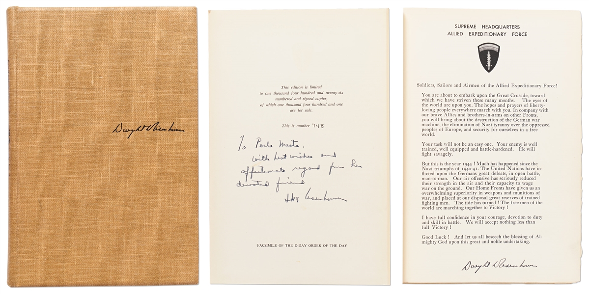Dwight D. Eisenhower Signed D-Day Speech From the Limited Edition of Crusade in Europe -- Additionally Signed by Eisenhower on the Limitation Page
