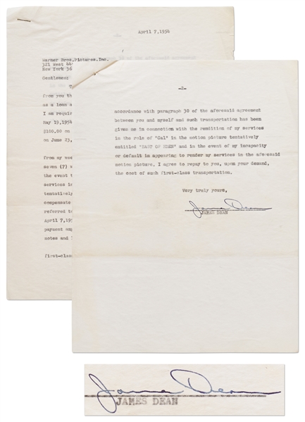 James Dean Signed Agreement with Warner Brothers from April 1954 -- Dean Agrees to Repay a Loan Just Before He Started Filming East of Eden