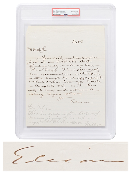 Thomas Edison Autograph Letter Signed -- ...I have only 2 men, and not much money... -- PSA/DNA Encapsulated