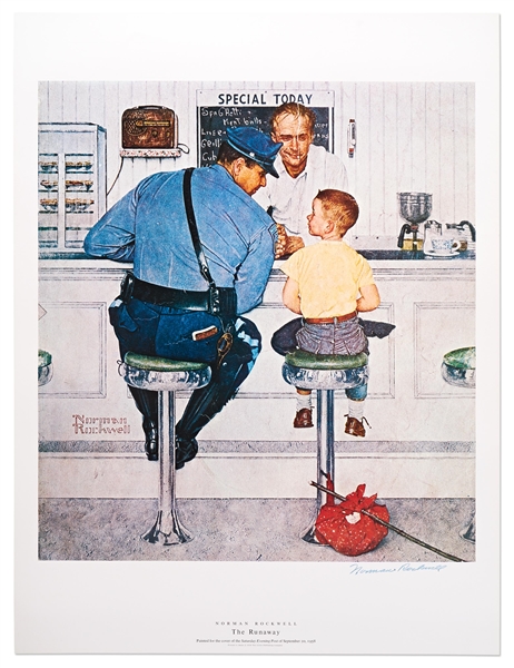 Norman Rockwell Signed ''The Runaway'' Poster -- Near Fine Condition