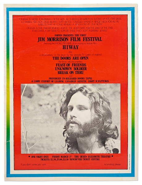 Rare Jim Morrison 1970 Film Festival Poster of His Short Film ''HIWAY''