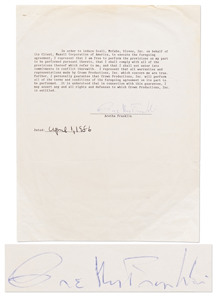 Aretha Franklin Signed Agreement -- With PSA/DNA COA
