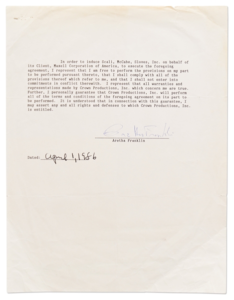 Aretha Franklin Signed Agreement -- With PSA/DNA COA