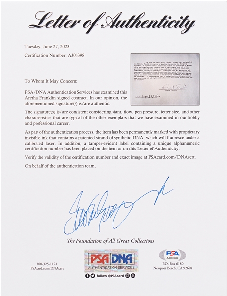 Aretha Franklin Signed Agreement -- With PSA/DNA COA