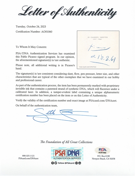 Pablo Picasso Signed Program for an Exhibit of His Work in 1961 -- With PSA/DNA COA