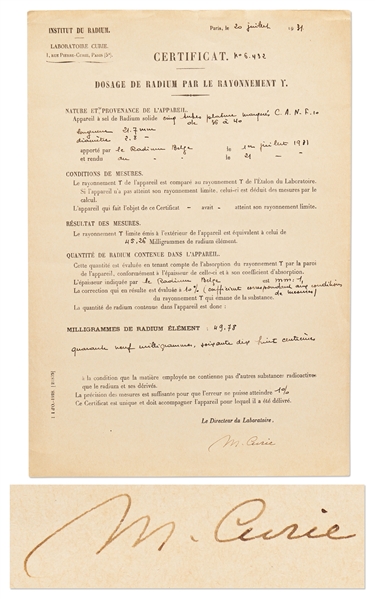 Marie Curie Signed Document From Her Institut du Radium Laboratory -- Curie Signs Off on an Experiment in Her Lab
