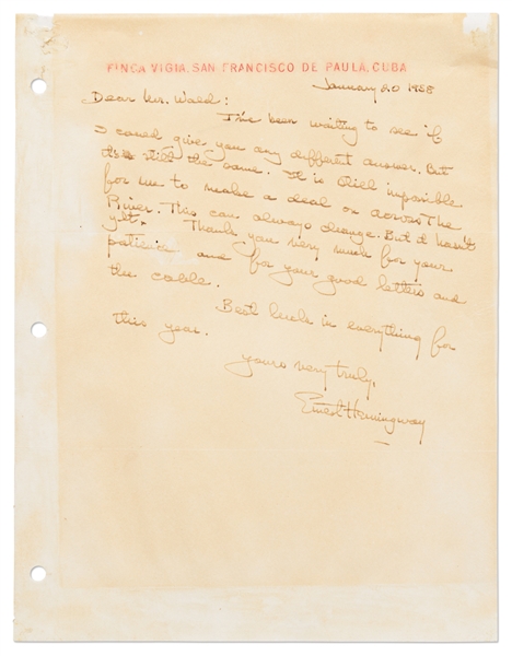 Ernest Hemingway Autograph Letter Signed Regarding a Film Adaptation of ''Across the River and Into the Trees''