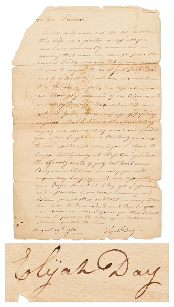 Elijah Day Autograph Letter Signed, Penned the Same Day that Shay's Rebellion Began -- Day Begs Forgiveness from His Friend, a Tax Collector, for ''reproaching language and...Assaulting your Person''