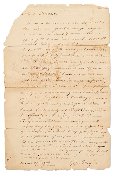 Elijah Day Autograph Letter Signed, Penned the Same Day that Shay's Rebellion Began -- Day Begs Forgiveness from His Friend, a Tax Collector, for ''reproaching language and...Assaulting your Person''