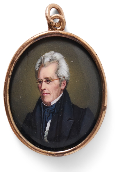 Exquisite Portrait Miniature of President Andrew Jackson -- Held in 10 Karat Gold Locket
