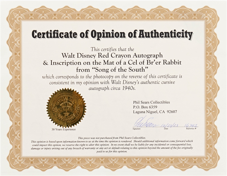 Walt Disney Signed Mat for ''Song of the South'' Animation Cel of Br'er Rabbit -- With Phil Sears COA