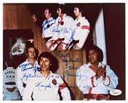Elvis Presleys Karate Instructors Kang Rhee and Wayne Carman Signed 10 x 8 Photo of Elvis Testing for His 8th Degree Black Belt -- With JSA COA