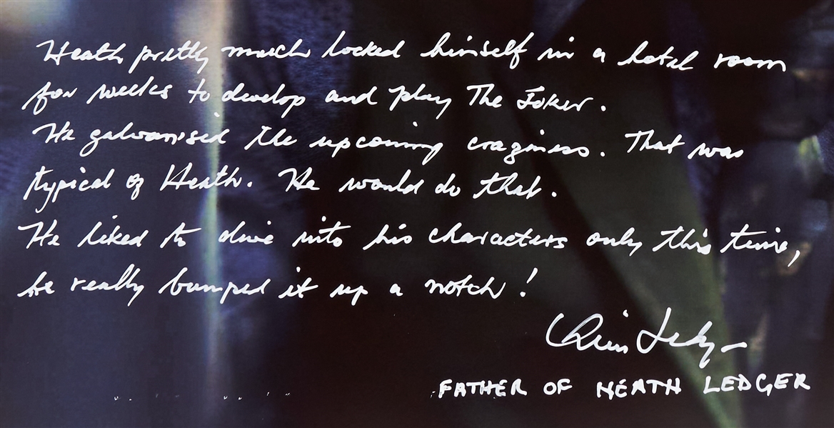 Large 20'' x 16'' Photo of Heath Ledger as The Joker, with Handwritten Reflections by Heath's Father -- ''...He galvanised the upcoming craziness...''
