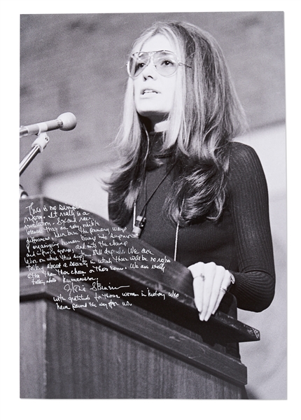 Gloria Steinem Handwritten 16'' x 20'' Photo with Her Thoughts on the Women's Rights Movement -- ''...It really is a revolution...''