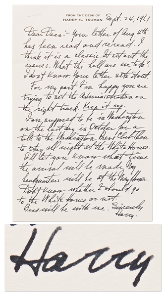 Harry Truman Autograph Letter Signed to Dean Acheson -- Candid Letter Critiques the Kennedy Administrations Response to the Berlin Crisis of 1961 at the Height of the Cold War