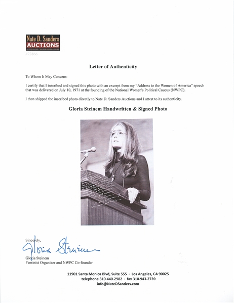 Gloria Steinem Handwritten 16'' x 20'' Photo with Her Thoughts on the Women's Rights Movement -- ''...It really is a revolution...''