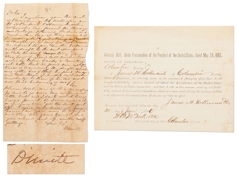 Texian Revolutionary Philip Dimmitt Autograph Letter Signed -- Lot Also Includes a Scarce Version of the Arkansas Civil War Amnesty Oath