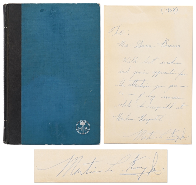 Martin Luther King Signed First Edition of Stride Toward Freedom -- Inscribed to One of the Nurses Who Attended to King After the Knife Attack on His Life in 1958
