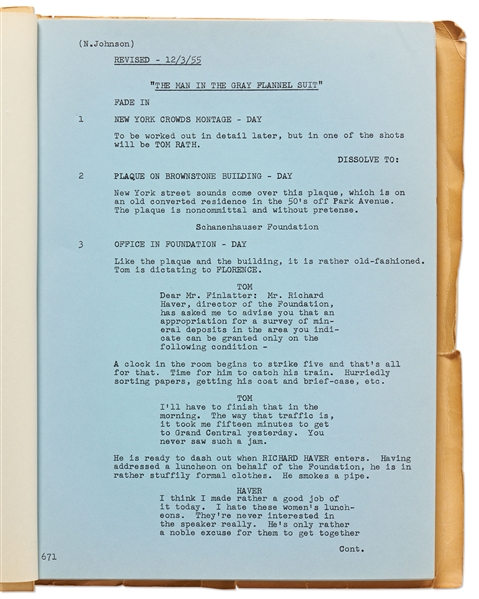 Script from the 1956 Film ''The Man in the Gray Flannel Suit'', Written by Academy Award Nominated Screenwriter Nunnally Johnson