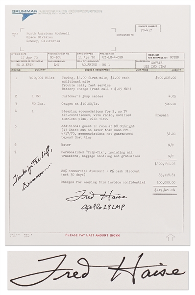 Fred Haise Signed Copy of the Infamous Grumman ''Towing Invoice'' for Apollo 13