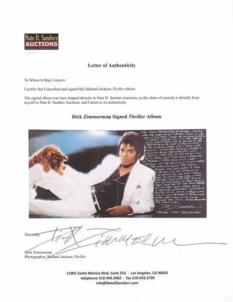 Michael Jackson ''Thriller'' Album with Handwritten Memory of How the Famous Photos Were Captured by Photographer Dick Zimmerman