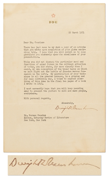 Dwight Eisenhower Letter Signed from 1951 Regarding the Communist Threat -- ...we must fight out the battle of freedom versus Communism in the world...